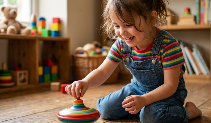 Young girl spinning a colorful toy top on a wooden floor