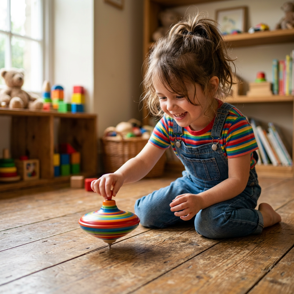 Young girl spinning a colorful toy top on a wooden floor
